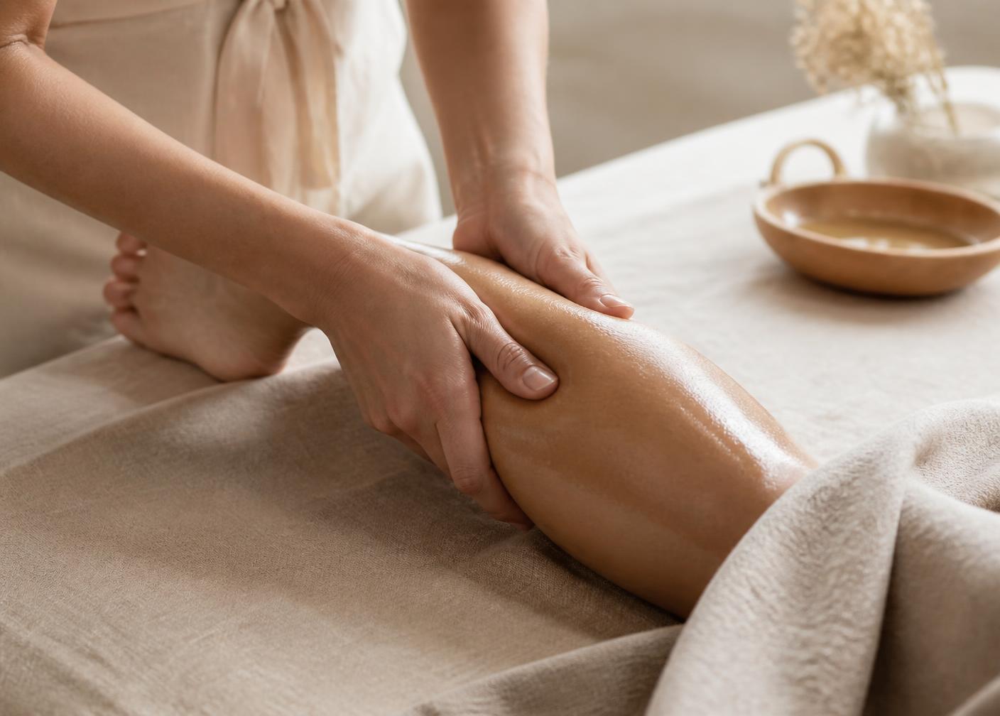 Drainage lymphatique manuel réalisé sur la jambe d'une cliente