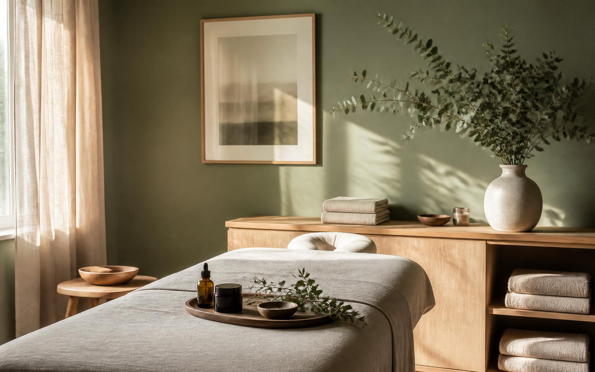 Cabine de soin lumineuse aux murs vert sauge avec table de massage et eucalyptus