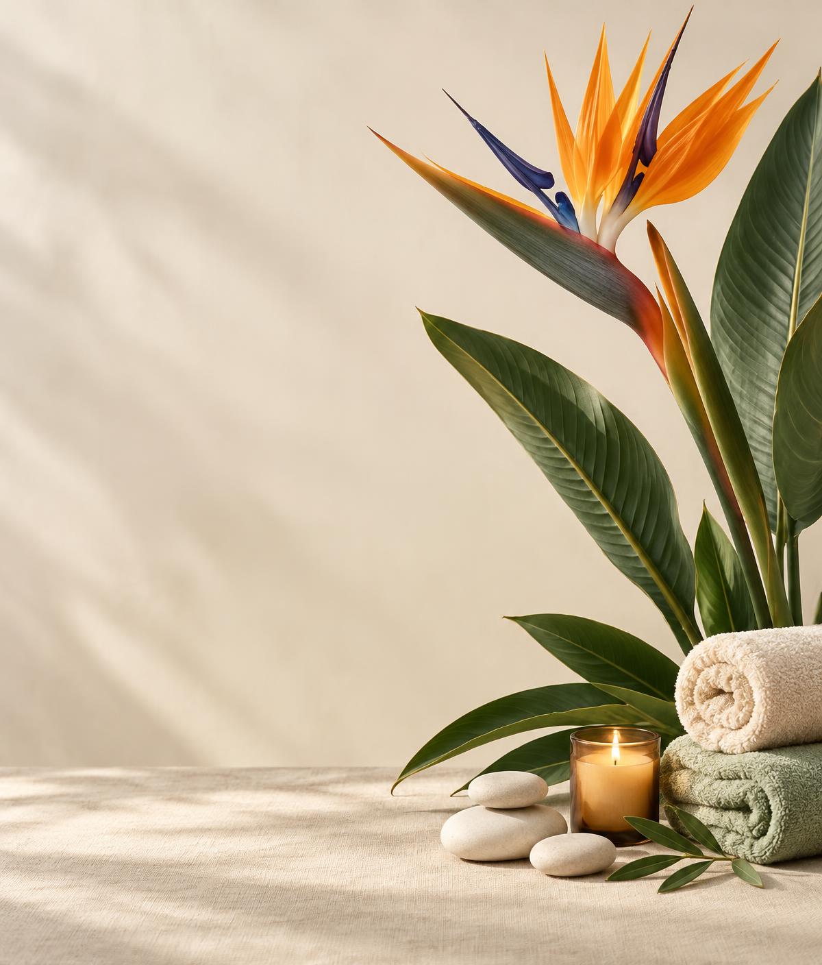 Fleur oiseau du paradis, serviettes de soin et bougie